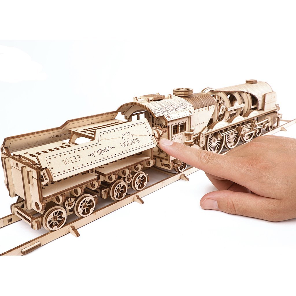 Ugears Holz Modellbau V-Express Lok Dampflokomotive mit Tender 538 Teile 