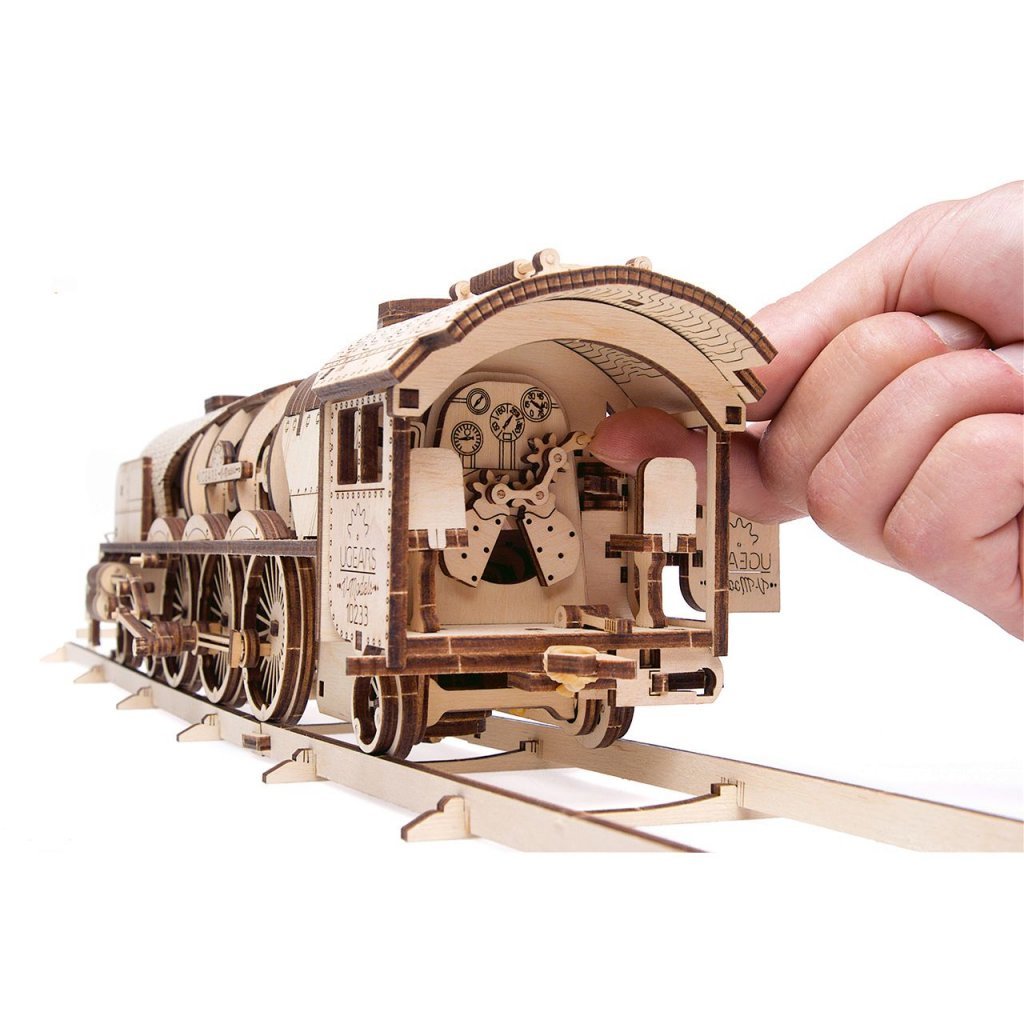 Holz Modellbau V-Express Lokomotive Lok Bahnhof und Schienen 3er Set Ugears 